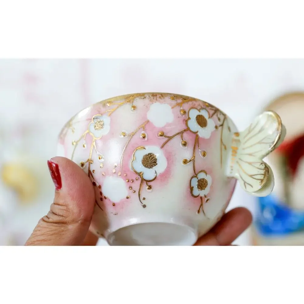 VTG Sakura Floral Butterfly Handle Teacup Set Grandmillennial Chinoiserie Retro